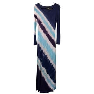 INC International Concepts Navy Tie Dyed Long Sleeve Stretchy Maxi Dress M NWT
